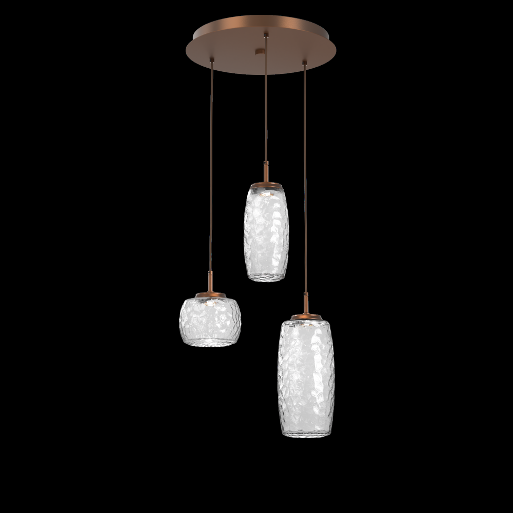 Vessel 3pc Round Multi-Pendant-Burnished Bronze-Clear Blown Glass-Cloth Braided Cord-LED 2700K