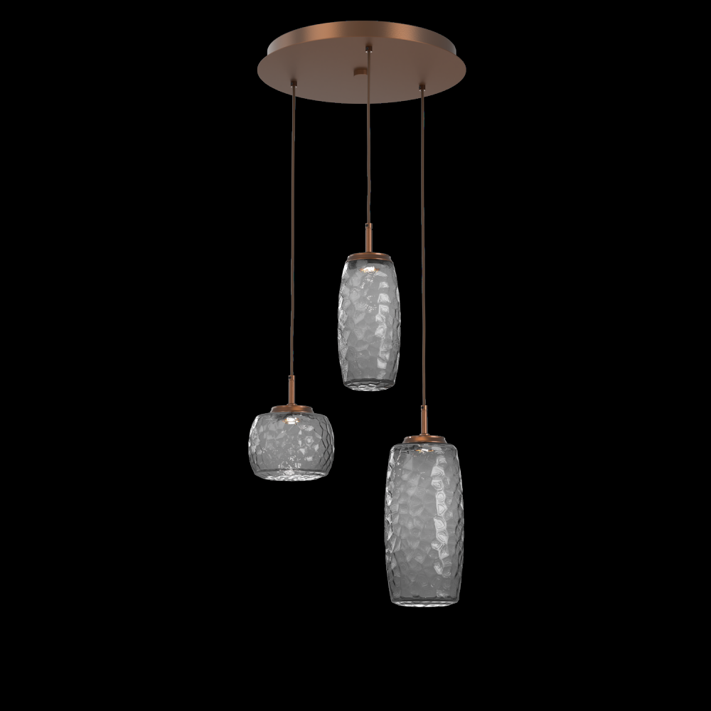 Vessel 3pc Round Multi-Pendant-Burnished Bronze-Smoke Blown Glass-Cloth Braided Cord-LED 3000K