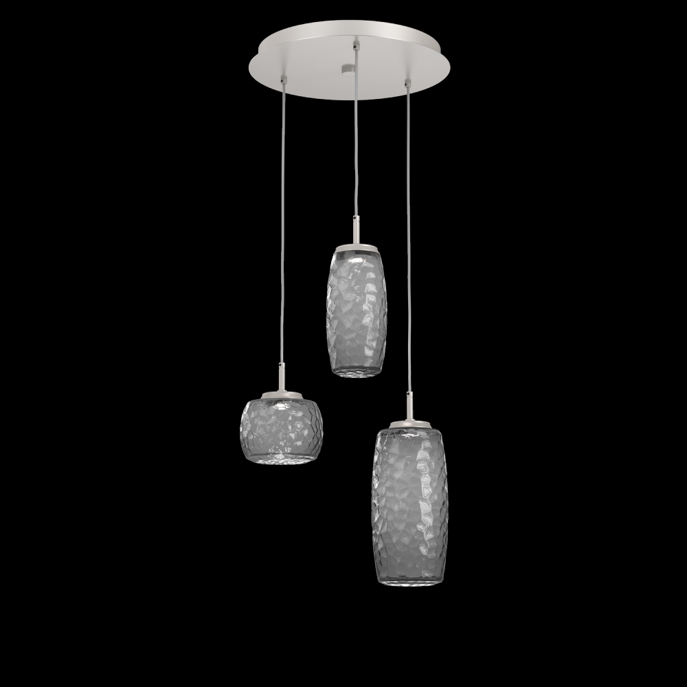 Vessel 3pc Round Multi-Pendant-Beige Silver-Smoke Blown Glass-Cloth Braided Cord-LED 2700K