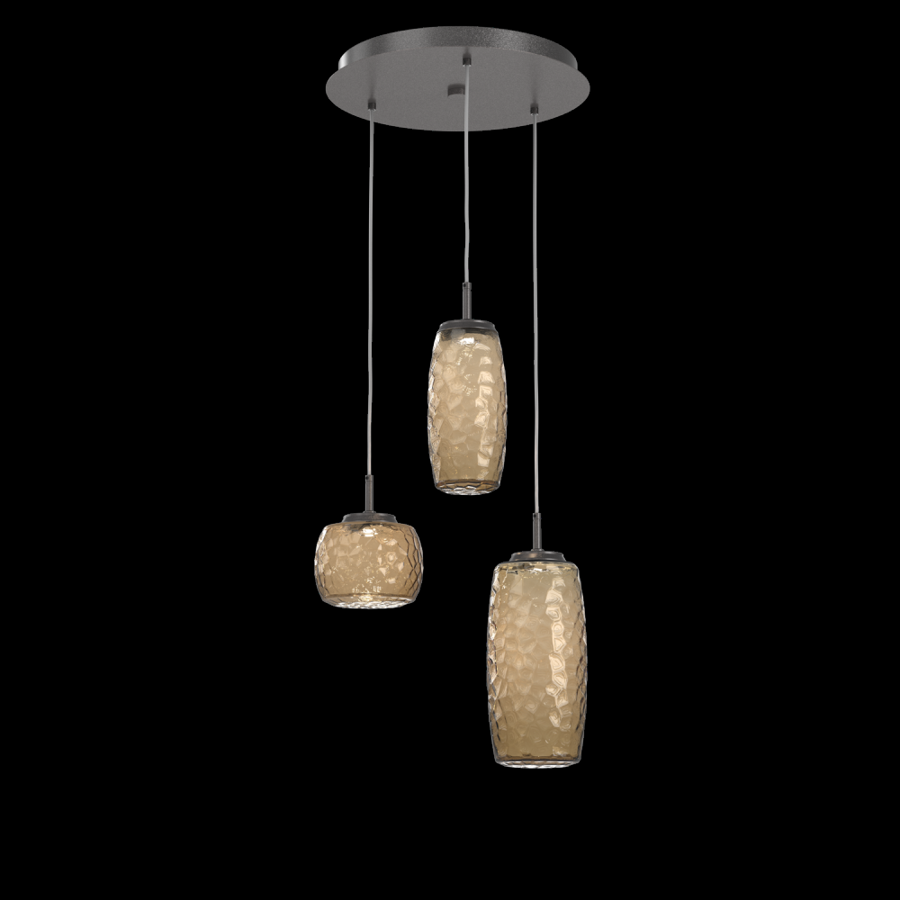 Vessel 3pc Round Multi-Pendant-Graphite-Bronze Blown Glass-Cloth Braided Cord-LED 2700K