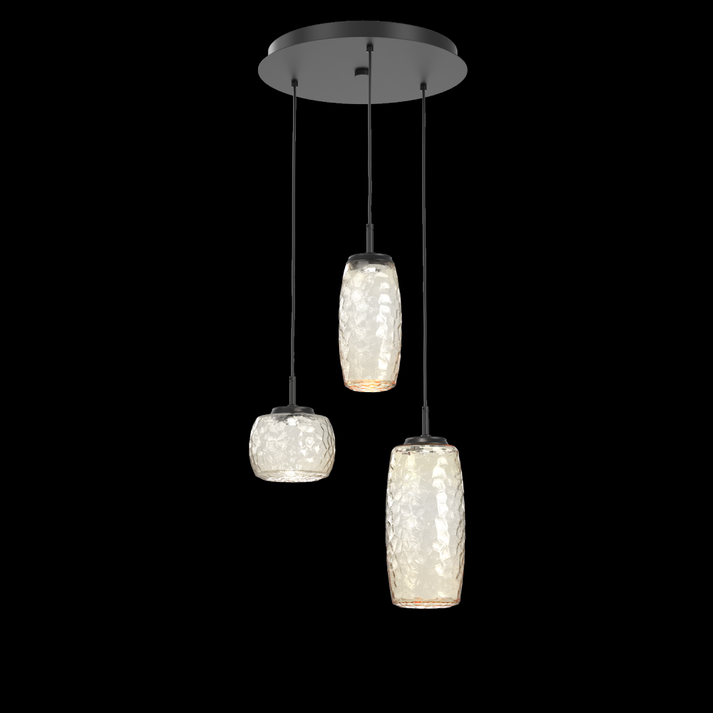 Vessel 3pc Round Multi-Pendant-Matte Black-Amber Blown Glass-Cloth Braided Cord-LED 3000K