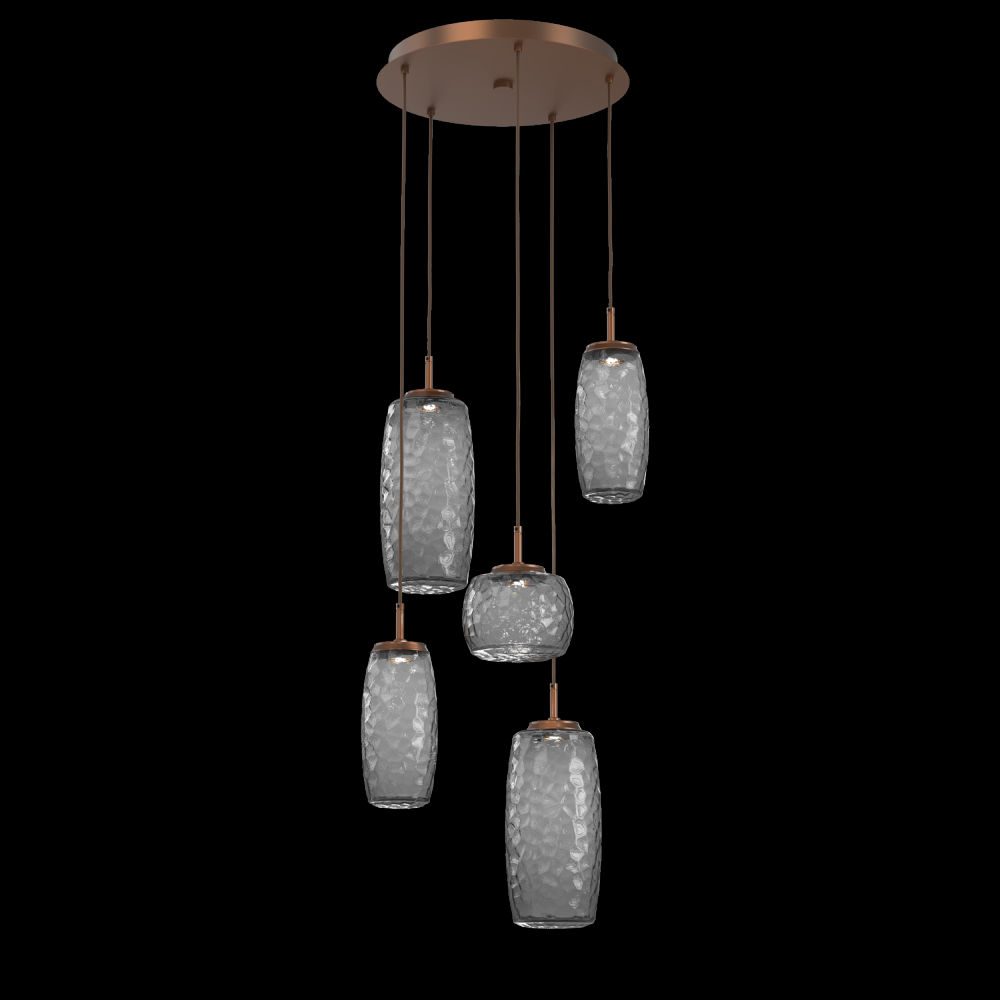 Vessel 5pc Round Multi-Pendant-Burnished Bronze-Smoke Blown Glass-Cloth Braided Cord-LED 2700K