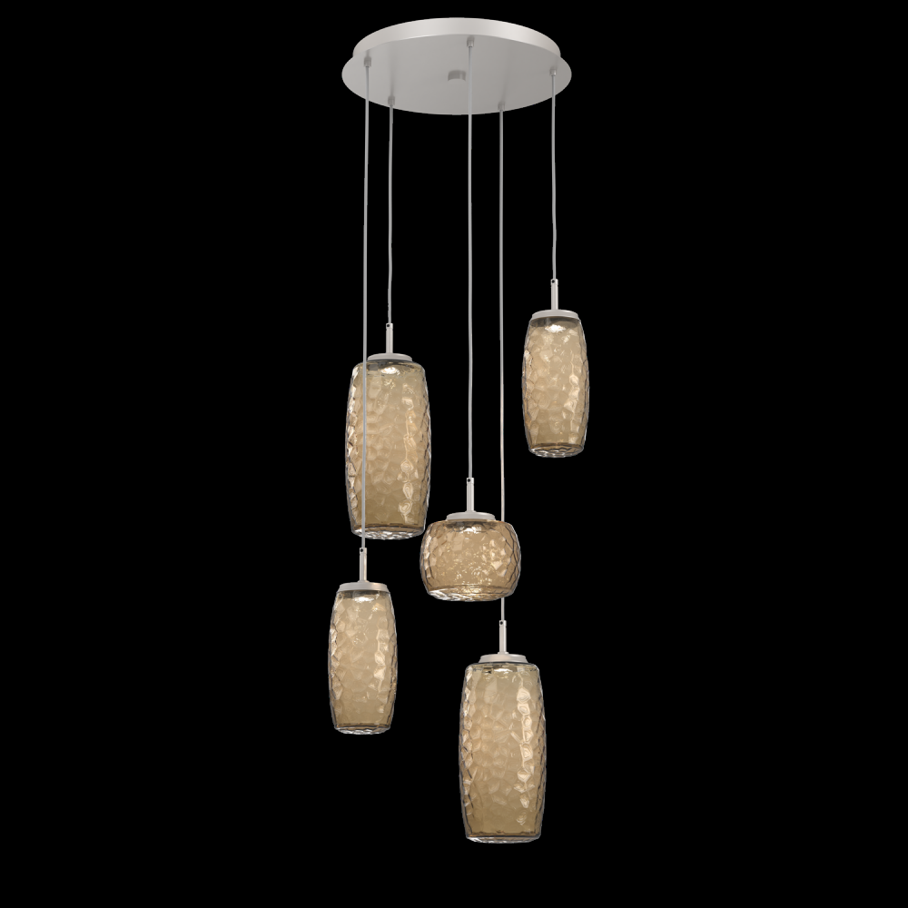 Vessel 5pc Round Multi-Pendant-Beige Silver-Bronze Blown Glass-Cloth Braided Cord-LED 2700K