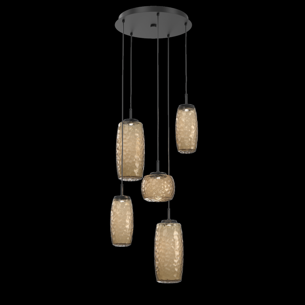 Vessel 5pc Round Multi-Pendant-Matte Black-Bronze Blown Glass-Cloth Braided Cord-LED 3000K