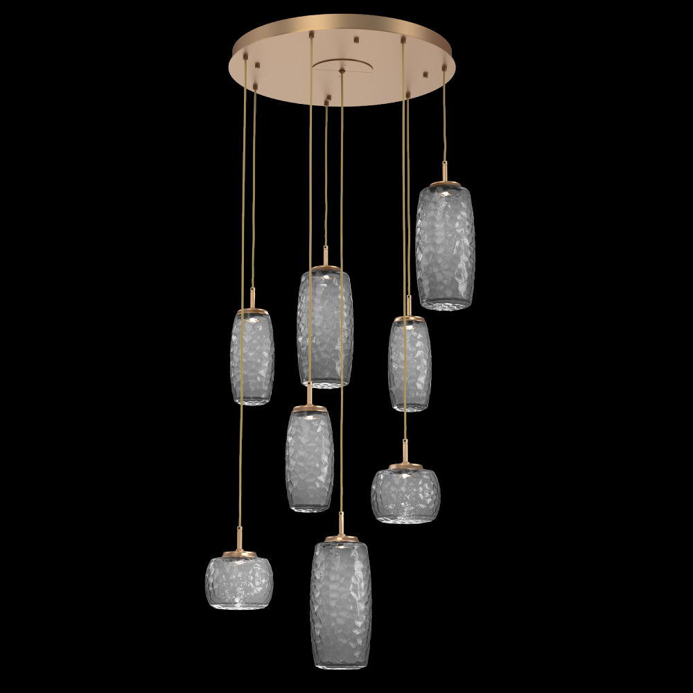 Vessel 8pc Round Multi-Pendant-Novel Brass-Smoke Blown Glass-Cloth Braided Cord-LED 2700K