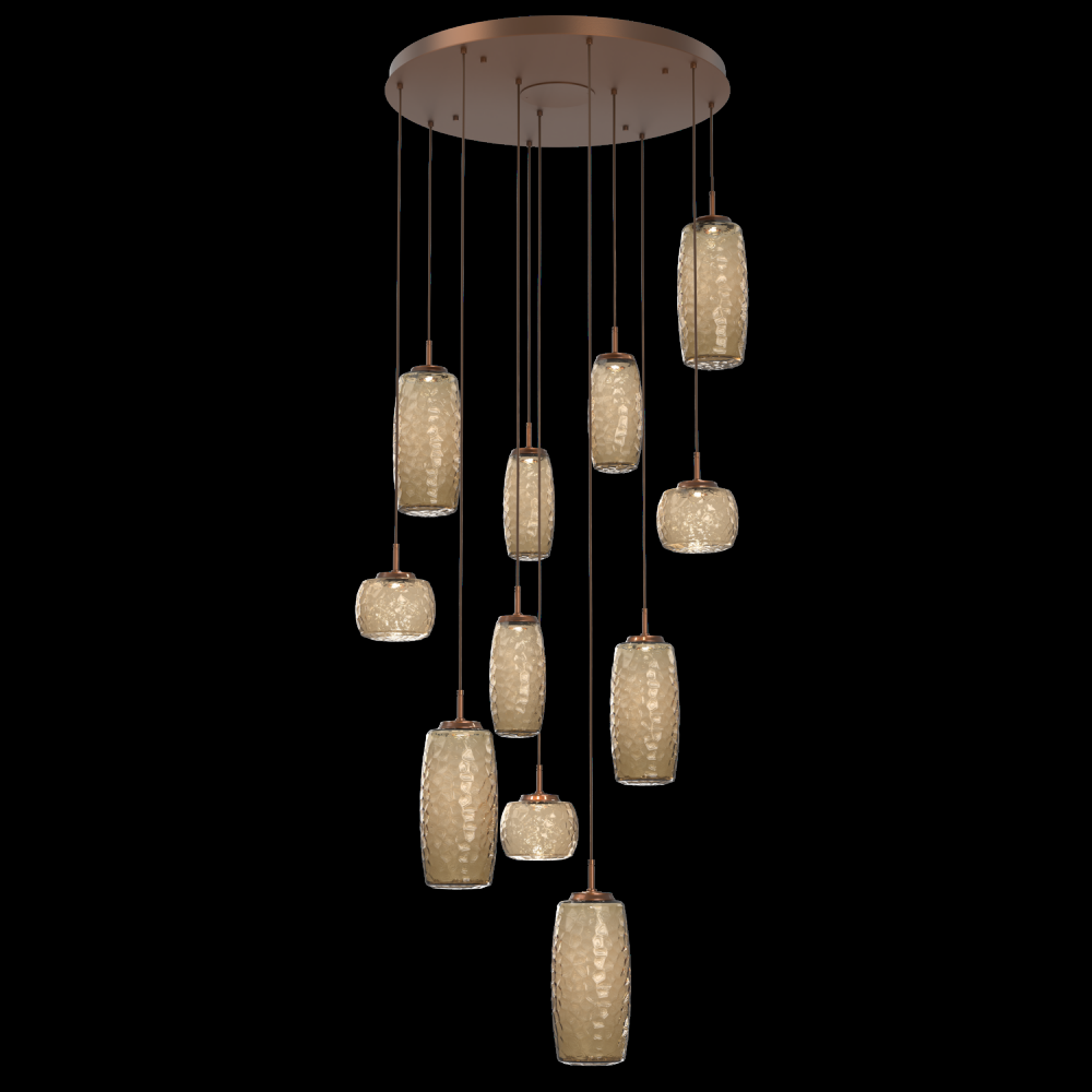 Vessel 11pc Round Multi-Pendant-Burnished Bronze-Bronze Blown Glass-Cloth Braided Cord-LED 2700K