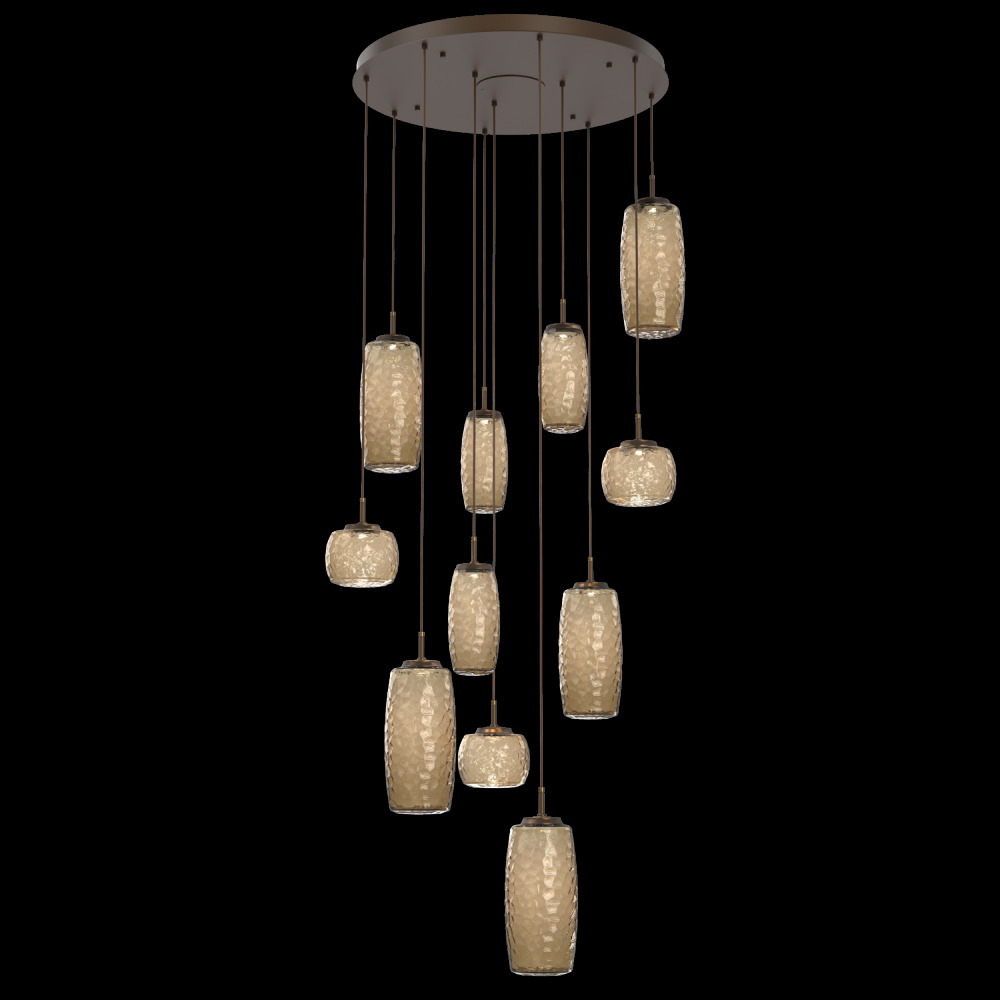 Vessel 11pc Round Multi-Pendant-Flat Bronze-Bronze Blown Glass-Cloth Braided Cord-LED 2700K