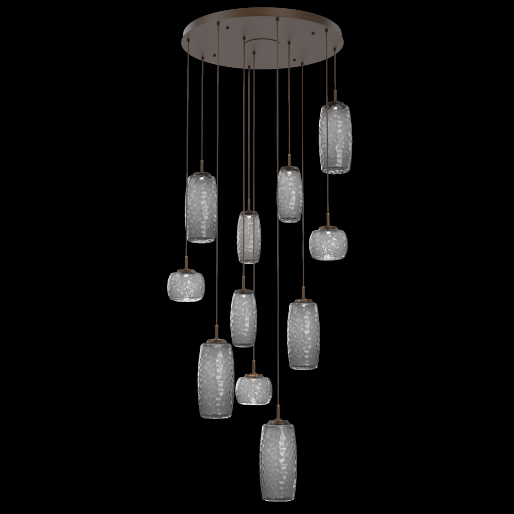 Vessel 11pc Round Multi-Pendant-Flat Bronze-Smoke Blown Glass-Cloth Braided Cord-LED 2700K