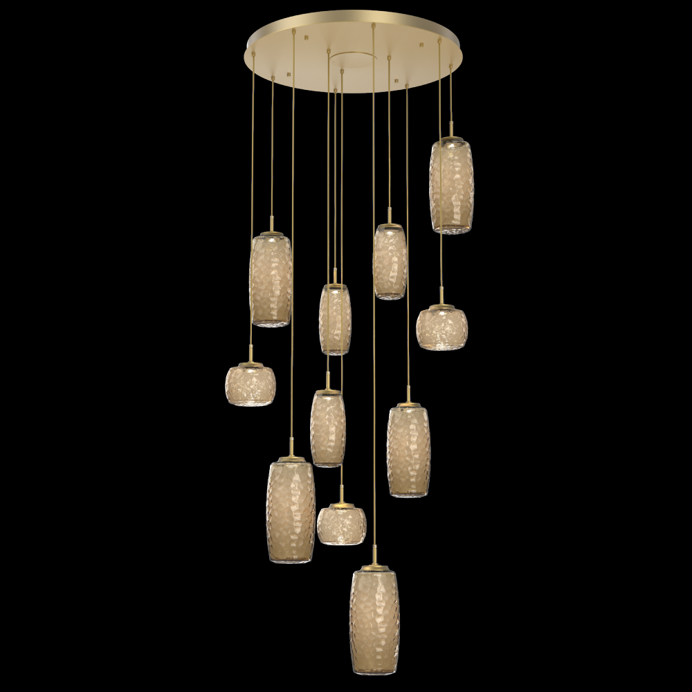 Vessel 11pc Round Multi-Pendant-Gilded Brass-Bronze Blown Glass-Cloth Braided Cord-LED 3000K