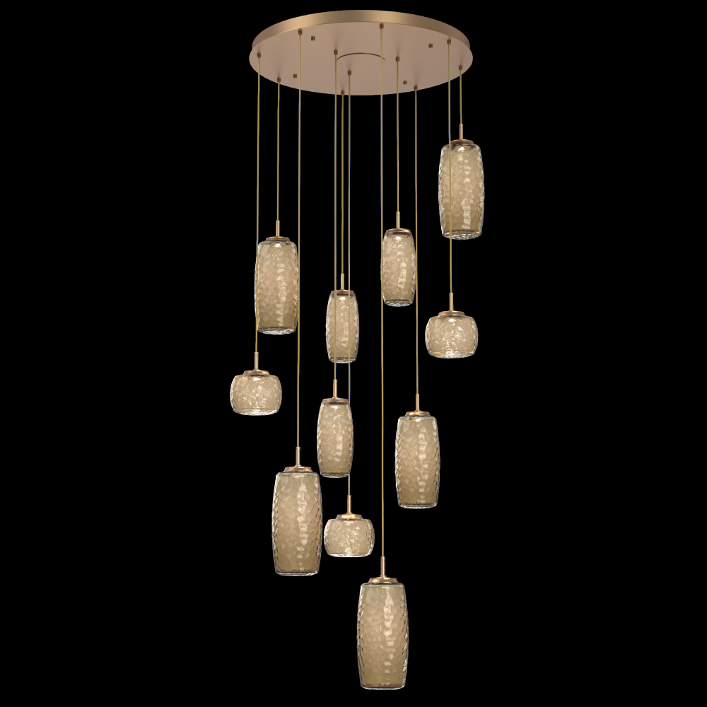 Vessel 11pc Round Multi-Pendant-Novel Brass-Bronze Blown Glass-Cloth Braided Cord-LED 3000K