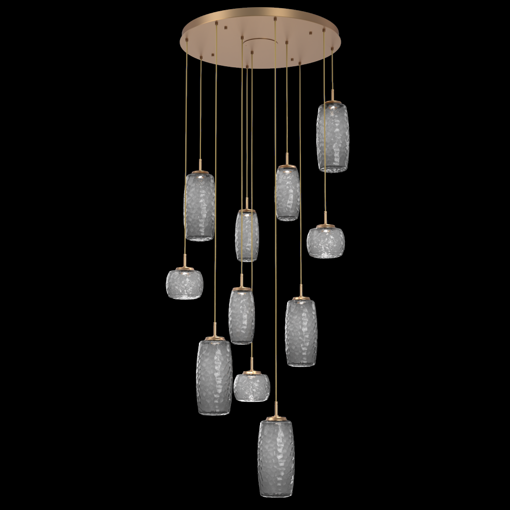 Vessel 11pc Round Multi-Pendant-Novel Brass-Smoke Blown Glass-Cloth Braided Cord-LED 3000K