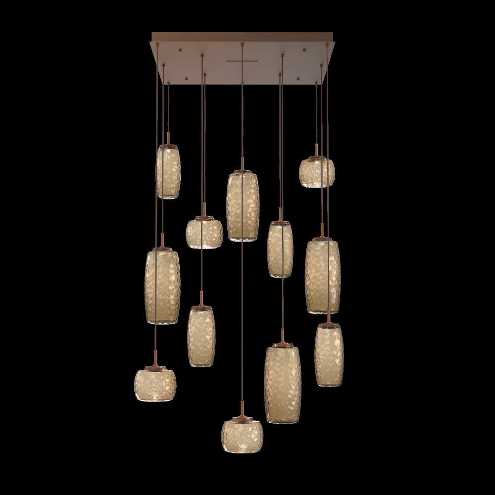 Vessel 12pc Square Multi-Pendant-Burnished Bronze-Bronze Blown Glass-Cloth Braided Cord-LED 2700K