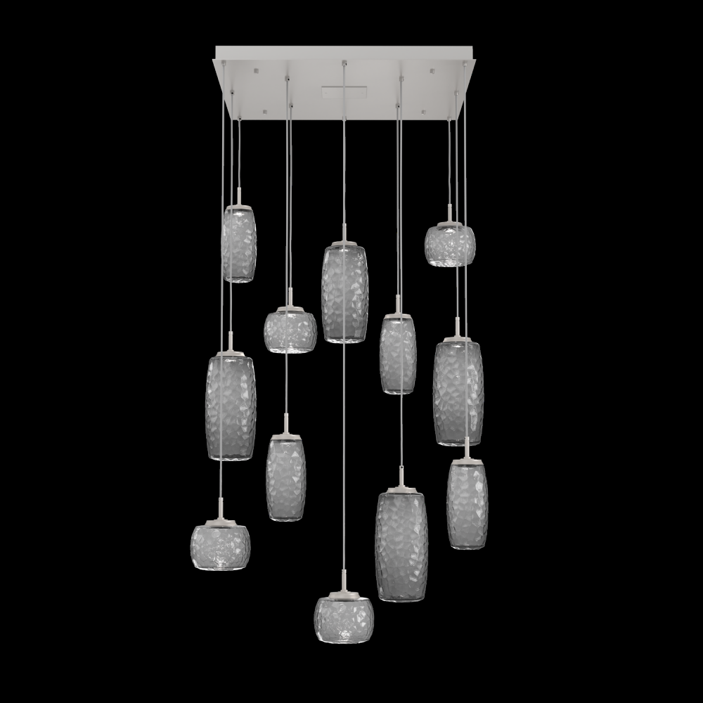 Vessel 12pc Square Multi-Pendant-Beige Silver-Smoke Blown Glass-Cloth Braided Cord-LED 2700K