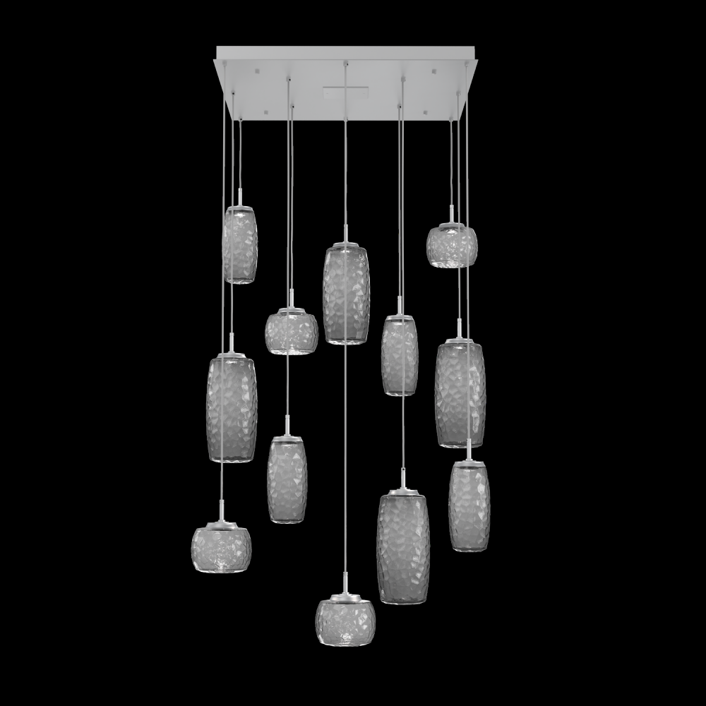 Vessel 12pc Square Multi-Pendant-Classic Silver-Smoke Blown Glass-Cloth Braided Cord-LED 2700K