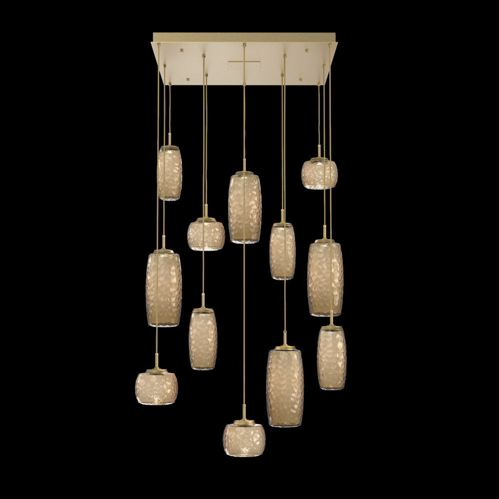 Vessel 12pc Square Multi-Pendant-Gilded Brass-Bronze Blown Glass-Cloth Braided Cord-LED 2700K