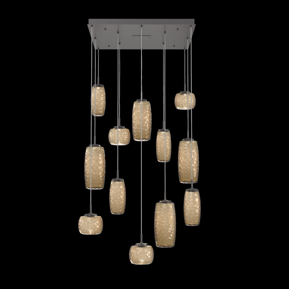 Vessel 12pc Square Multi-Pendant-Graphite-Bronze Blown Glass-Cloth Braided Cord-LED 2700K