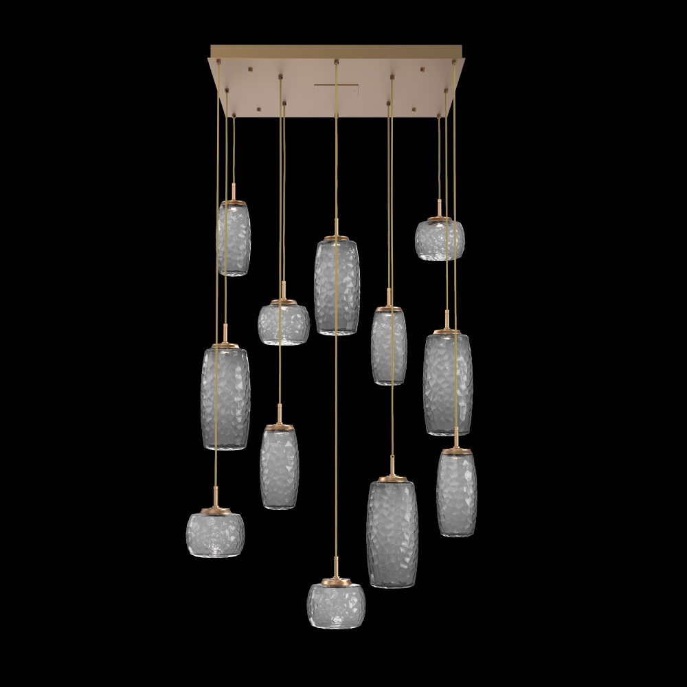 Vessel 12pc Square Multi-Pendant-Novel Brass-Smoke Blown Glass-Cloth Braided Cord-LED 2700K