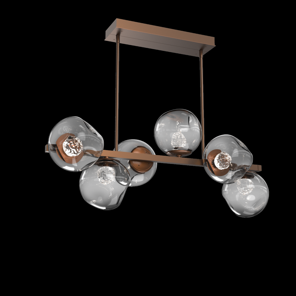 Luna 6pc Twisted Branch-Burnished Bronze-Floret Inner - Smoke Outer-Threaded Rod Suspension-LED