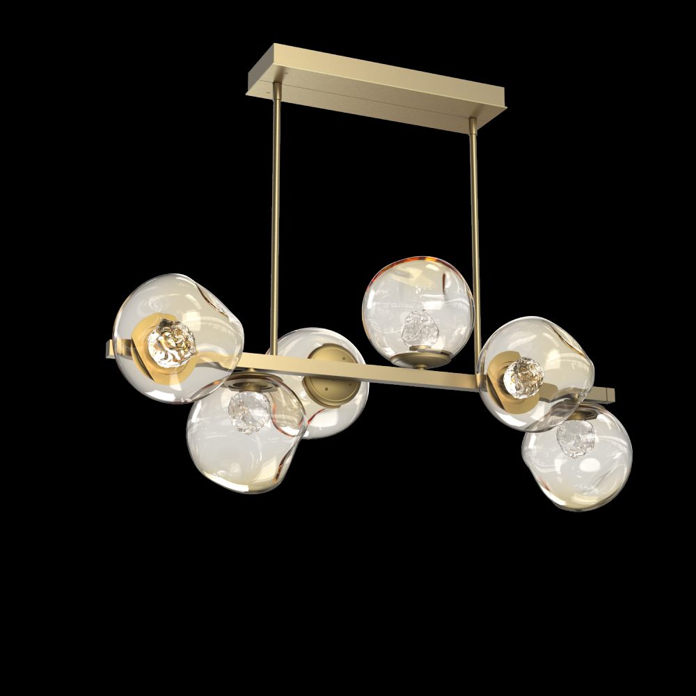 Luna 6pc Twisted Branch-Gilded Brass-Floret Inner - Amber Outer-Threaded Rod Suspension-LED 2700K