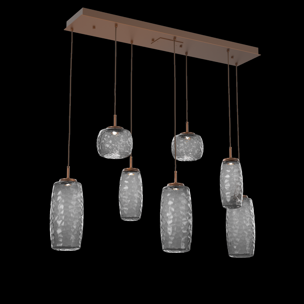 Vessel 7pc Linear Multi-Pendant-Burnished Bronze-Smoke Blown Glass-Cloth Braided Cord-LED 2700K