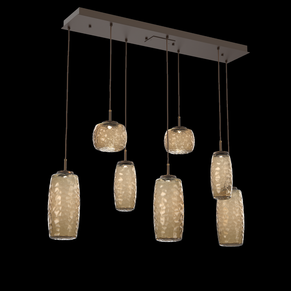 Vessel 7pc Linear Multi-Pendant-Flat Bronze-Bronze Blown Glass-Cloth Braided Cord-LED 2700K