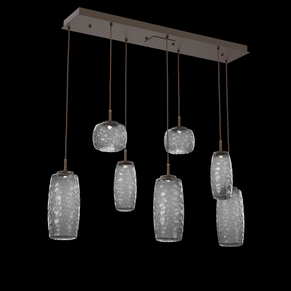 Vessel 7pc Linear Multi-Pendant-Flat Bronze-Smoke Blown Glass-Cloth Braided Cord-LED 2700K