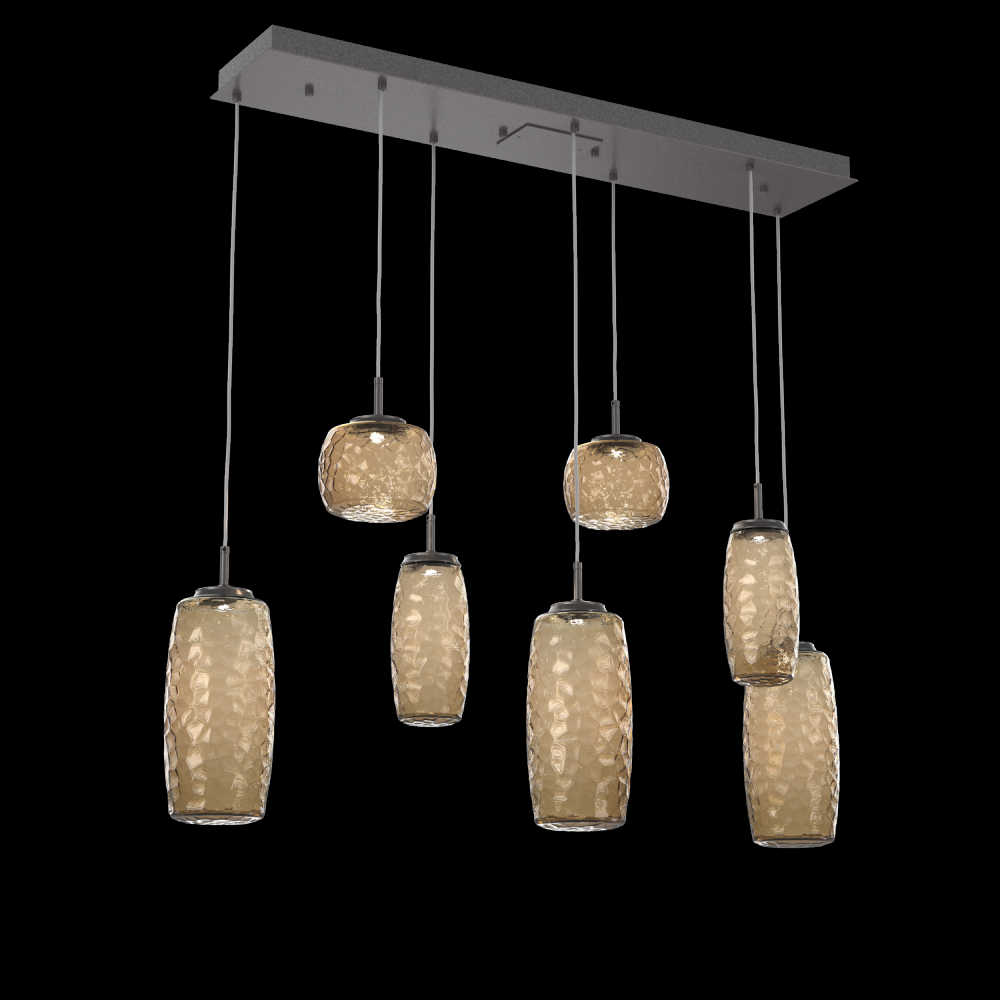 Vessel 7pc Linear Multi-Pendant-Graphite-Bronze Blown Glass-Cloth Braided Cord-LED 2700K