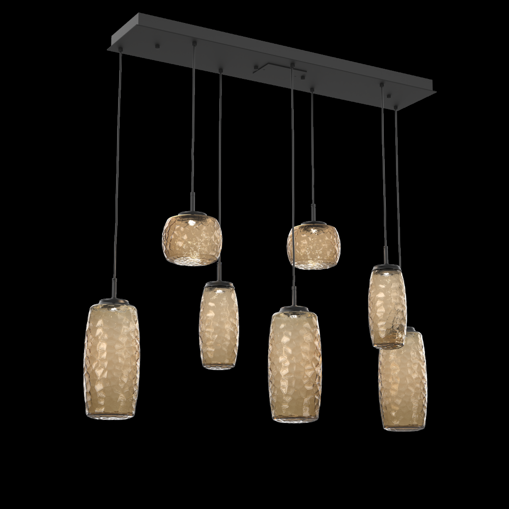 Vessel 7pc Linear Multi-Pendant-Matte Black-Bronze Blown Glass-Cloth Braided Cord-LED 3000K