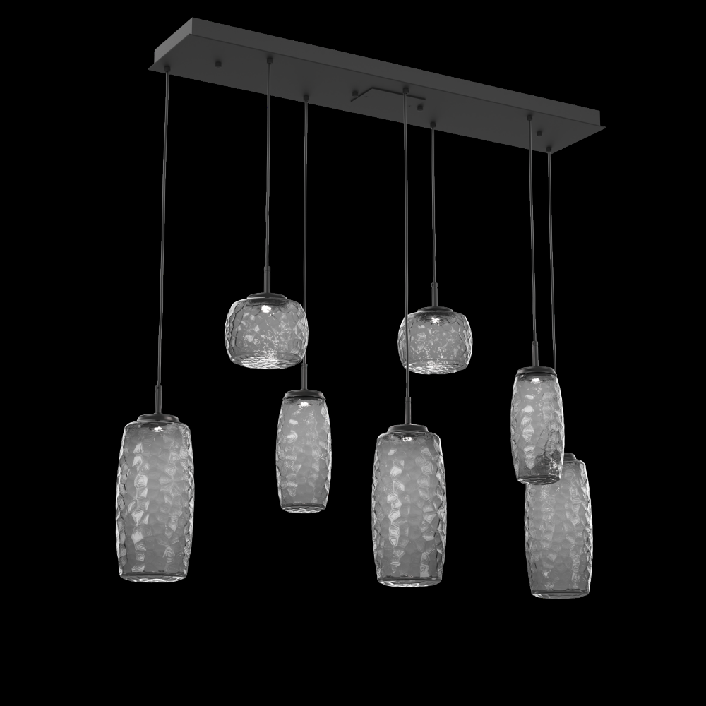 Vessel 7pc Linear Multi-Pendant-Matte Black-Smoke Blown Glass-Cloth Braided Cord-LED 3000K