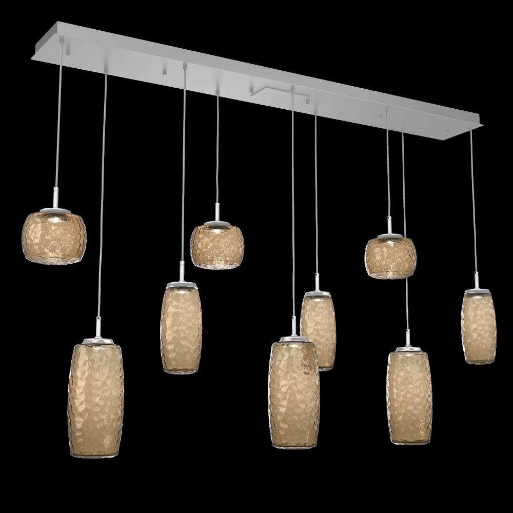 Vessel 9pc Linear Multi-Pendant-Classic Silver-Bronze Blown Glass-Cloth Braided Cord-LED 2700K