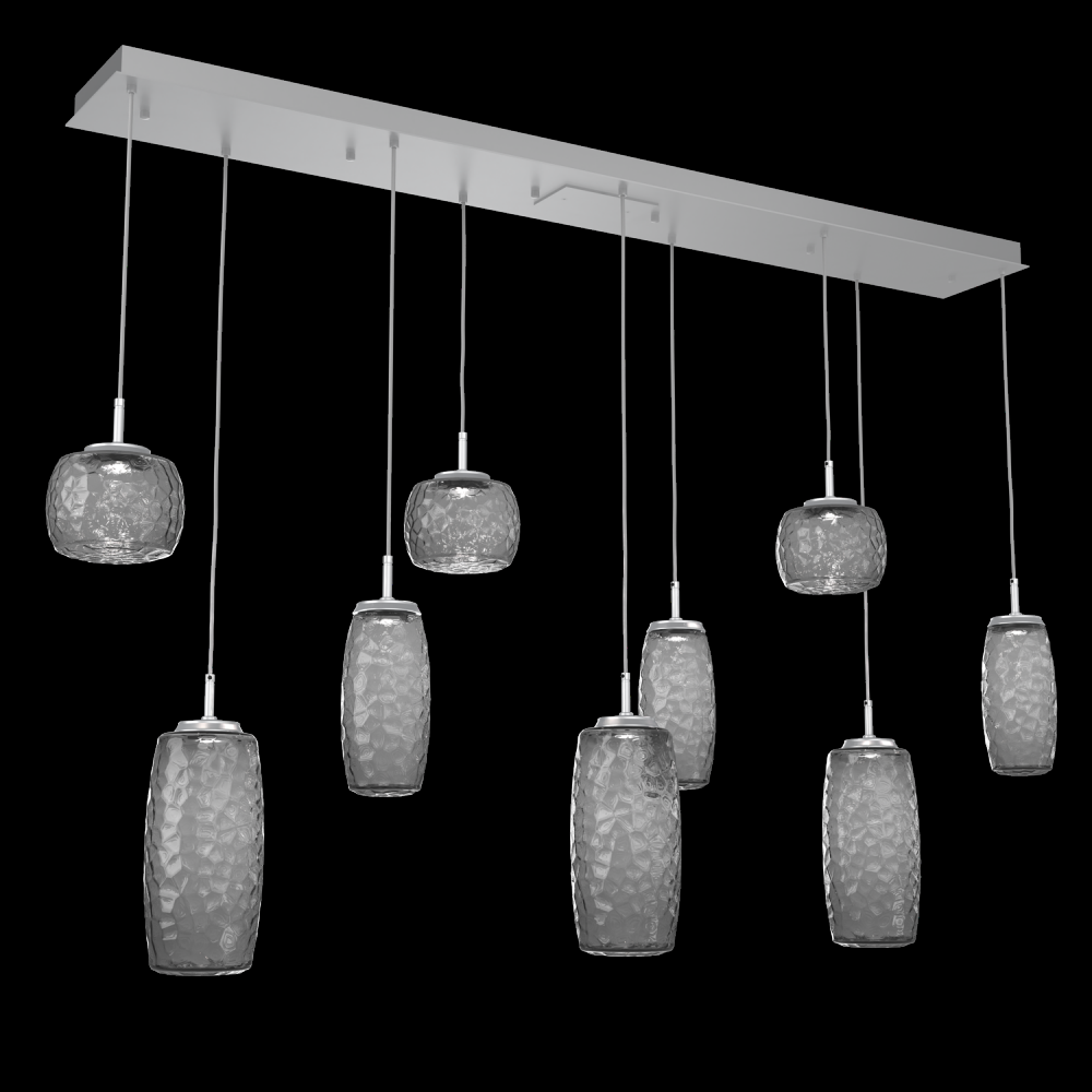 Vessel 9pc Linear Multi-Pendant-Classic Silver-Smoke Blown Glass-Cloth Braided Cord-LED 3000K