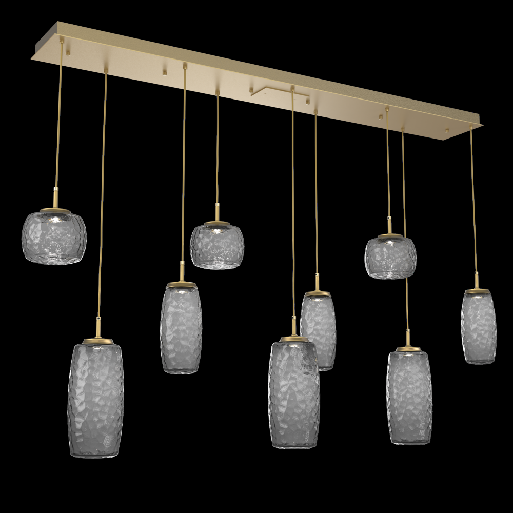 Vessel 9pc Linear Multi-Pendant-Gilded Brass-Smoke Blown Glass-Cloth Braided Cord-LED 2700K