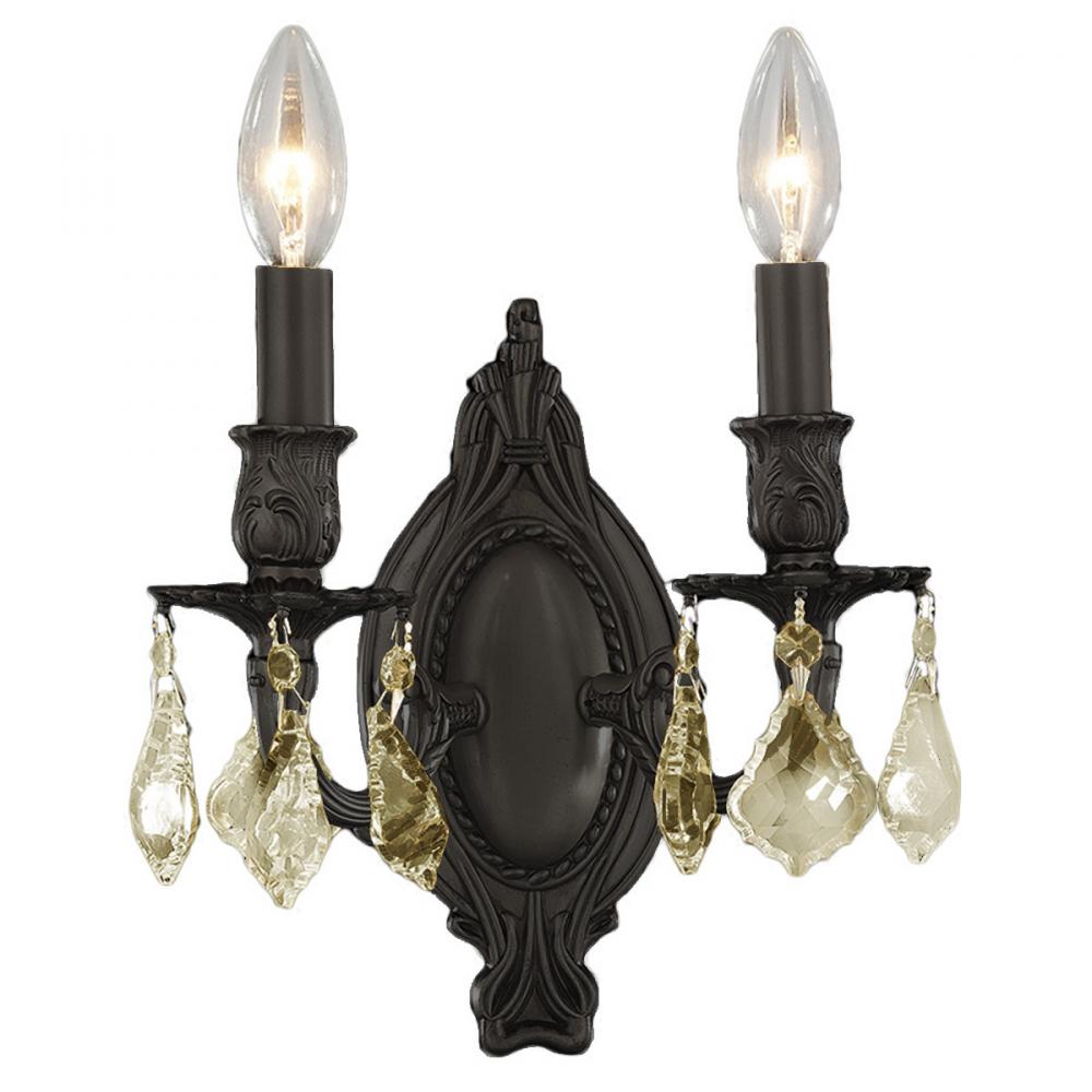 Windsor 2-Light dark Bronze Finish & Golden Teak Crystal Candle Wall Sconce Light 9 in. W x 10.5 in.