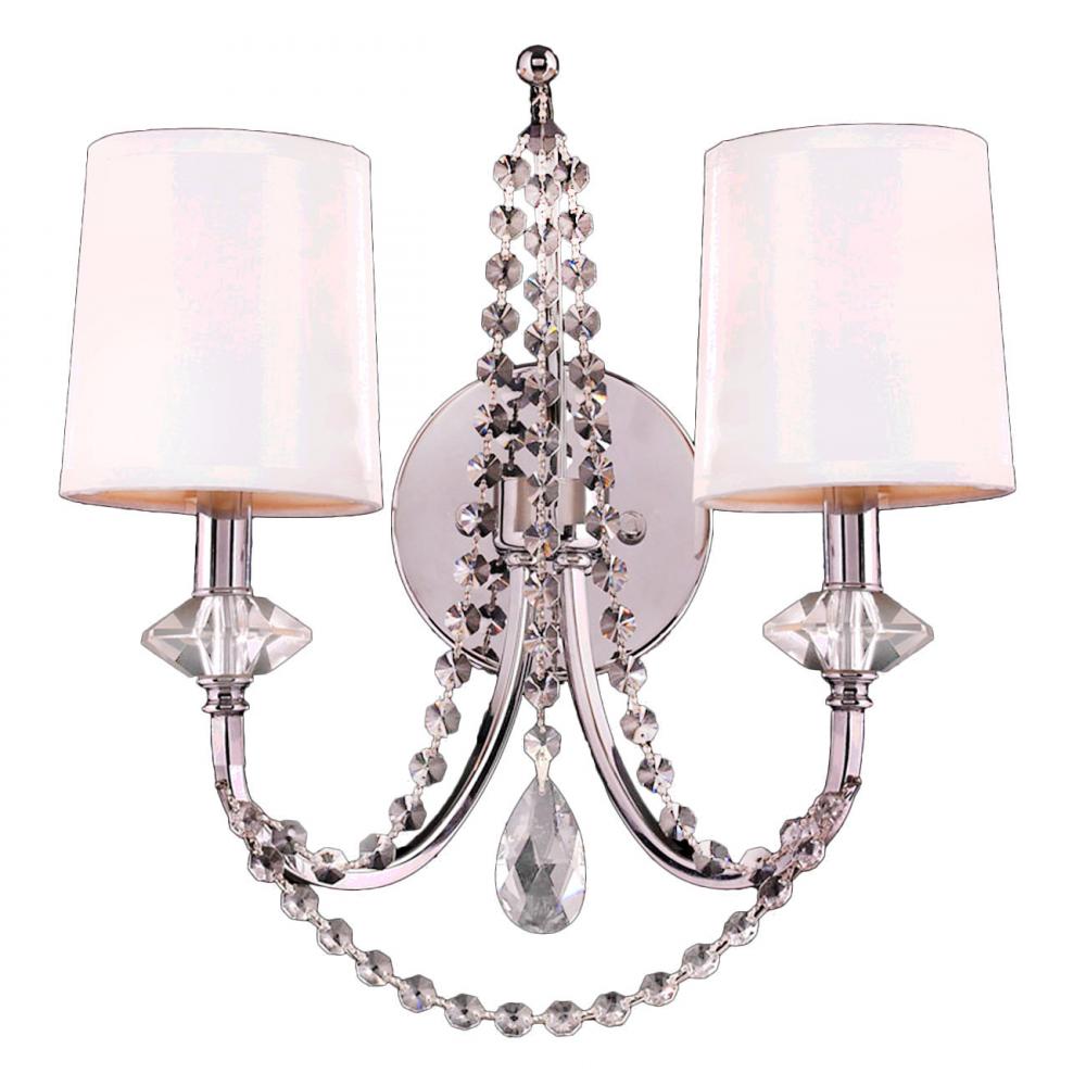 Gatsby 2-Light Chrome Finish and Clear Crystal Wall Sconce Light with White Silk Shade 14 in. W x 16