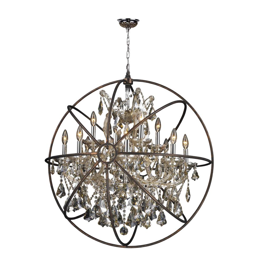 Armillary 13-Light dark Bronze Finish and Golden Teak Crystal Foucault's Orb Chandelier 33 in. D