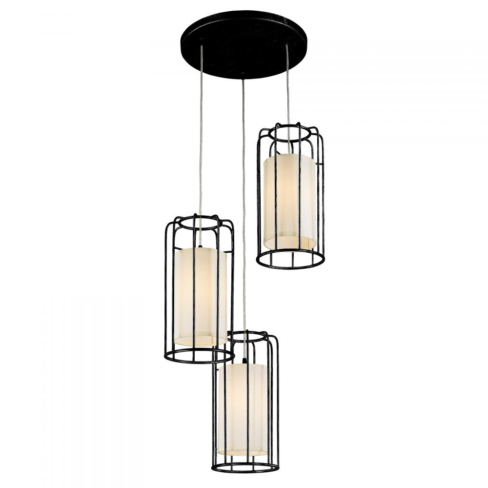 Sprocket 3-Light Metal Cage Kitchen Island Cluster Pendant Matte Black Finish with Ivory Shade Finis