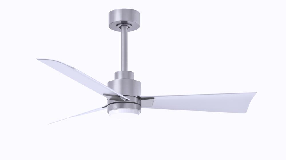 Alessandra 3-blade transitional ceiling fan in brushed nickel finish with matte white blades. Opti