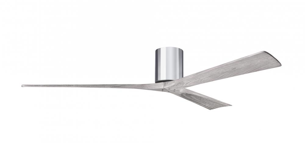 Irene-3H three-blade flush mount paddle fan in Polished Chrome finish with 72” solid barn wood t