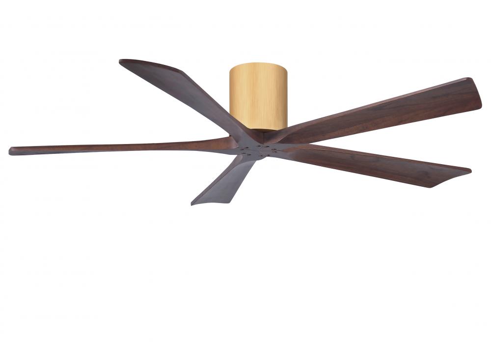 Irene-5H three-blade flush mount paddle fan in Light Maple finish with 60” Walnut tone blades. 