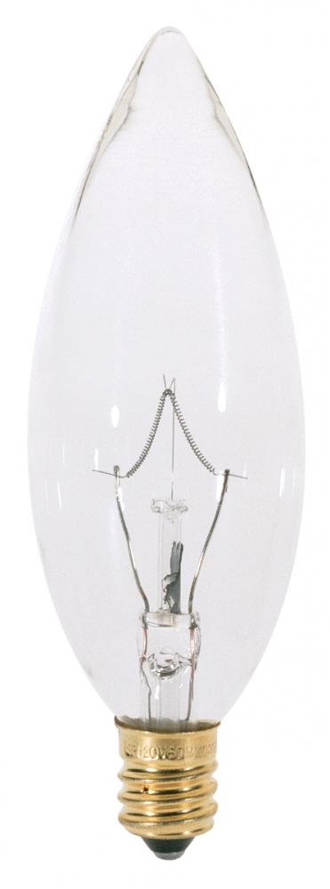 25 Watt BA9 1/2 Incandescent; Clear; 1500 Average rated hours; 212 Lumens; Candelabra base; 120