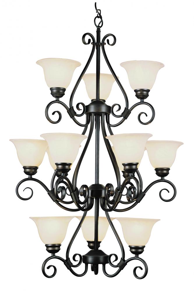 Twelve Light Rubbed Oil Bronze White Marbleized Glass Up Chandelier