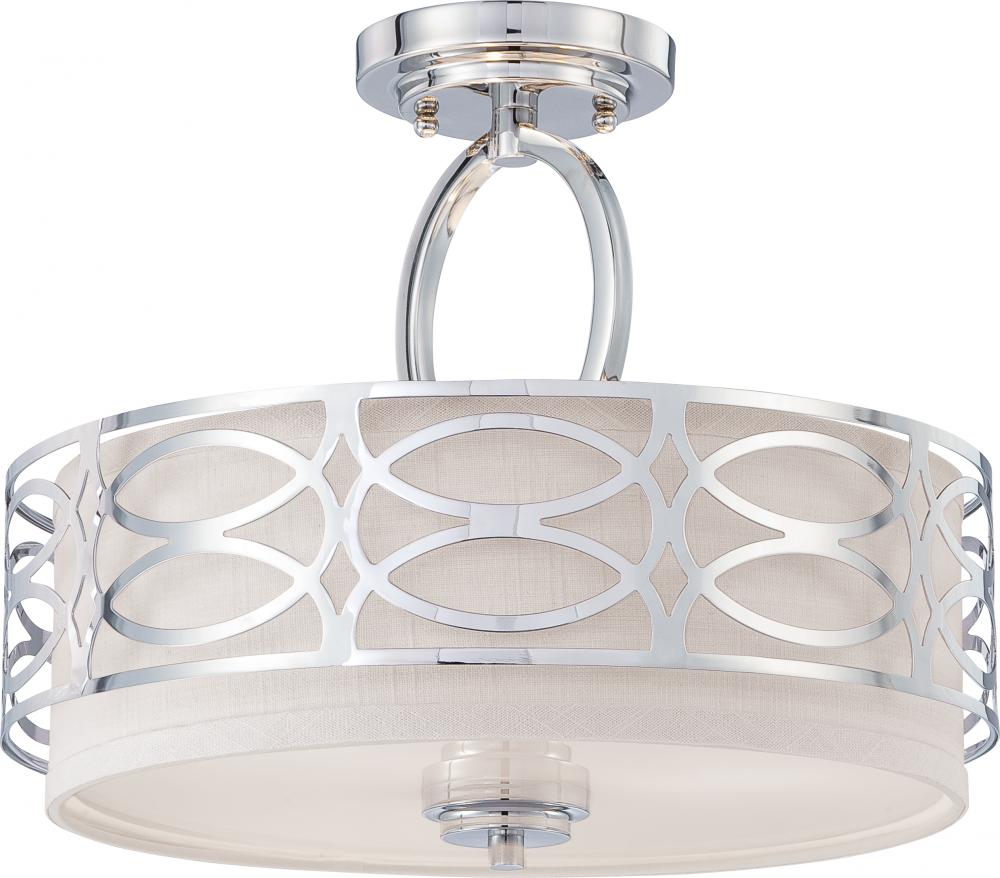 Harlow - 3 Light Semi Flushwith Slate Gray Fabric Shade - Polished Nickel Finish