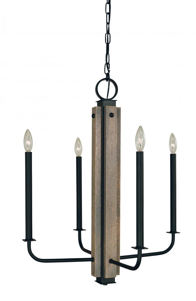 4-Light Matte Black With Grey Oak Accents Loft Chandelier