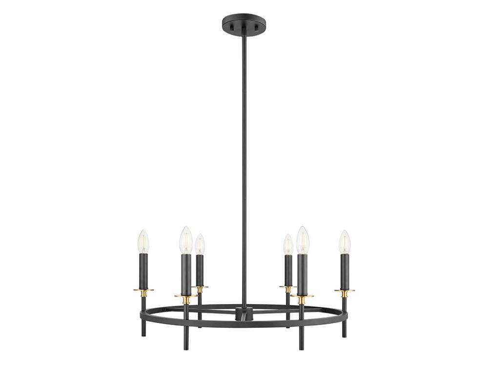 6-Light Chandelier in Matte Black and Natural Brass